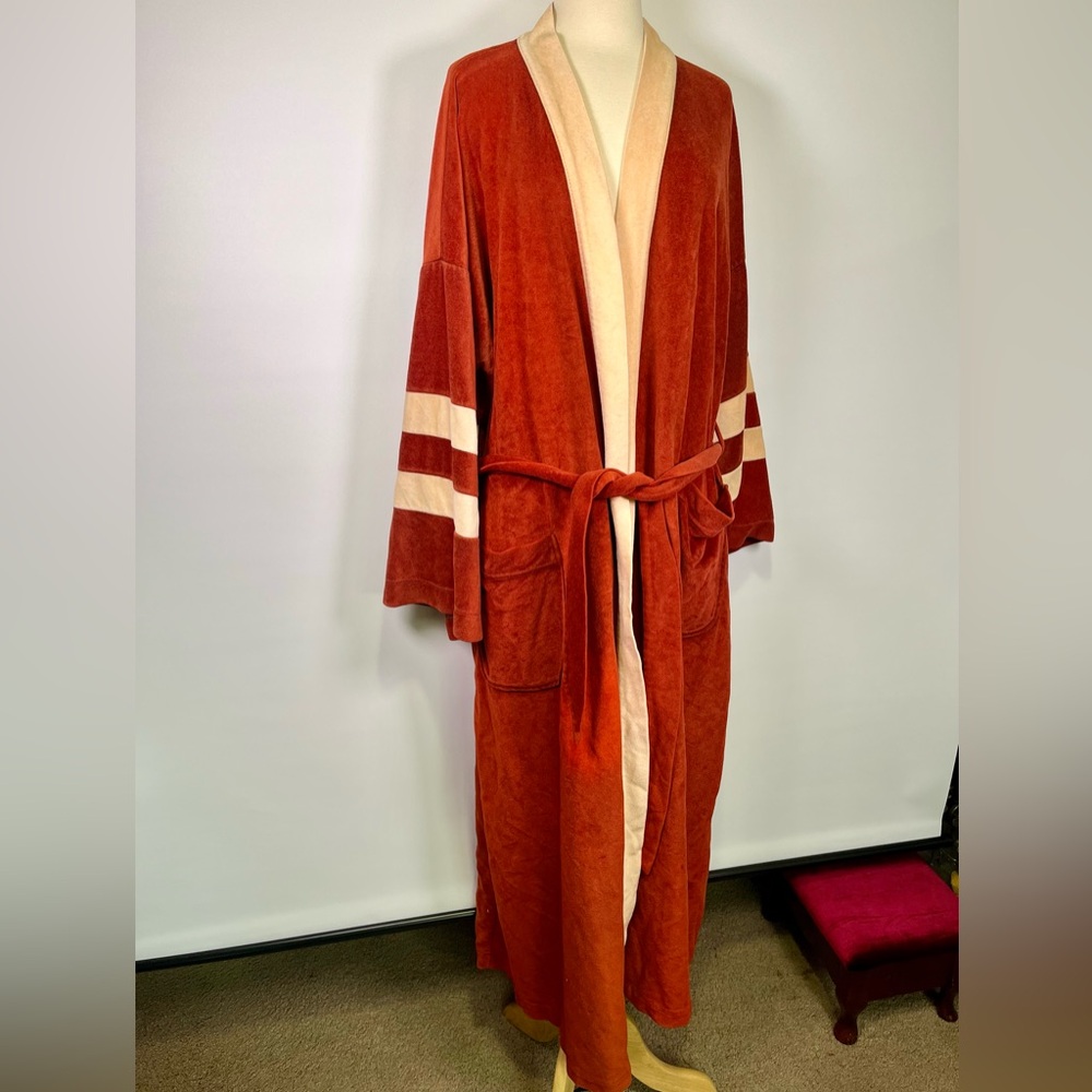 VTG 70s Burnt Orange Velour Robe Varsity Stripe Lounge Kimono Style Mid Century - Picture 4 of 16